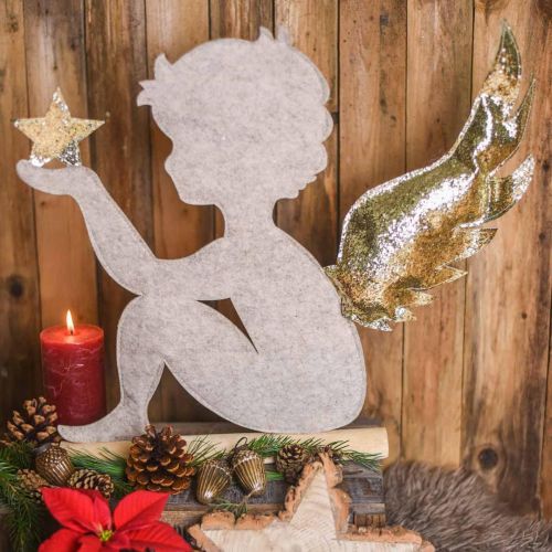 Product Christmas angel stand on birch trunk felt cream, gold H46cm