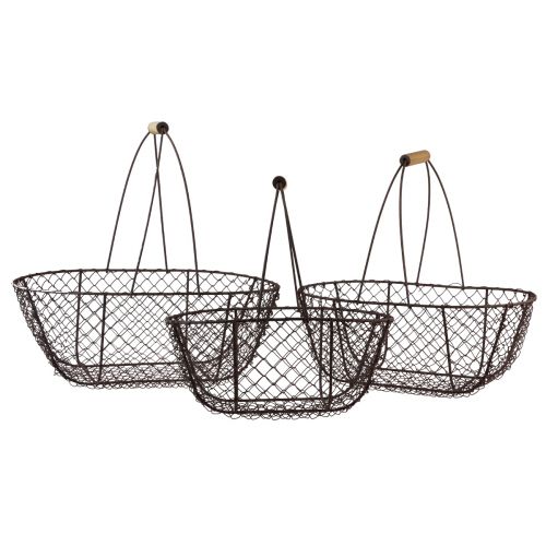 Wire basket oval metal basket wooden handle 30/35.5/40cm set of 3