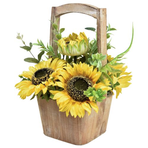 Sunflower artificial flower arrangement in a wooden pot H31cm