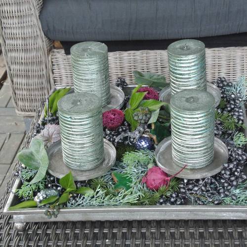 Product Advent tray with 4 candle holders 40 × 40cm antique look metal / glass silver