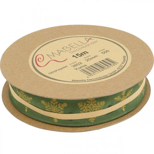 Floristik24 Ribbon Christmas snowflake green, yellow 25mm 15m