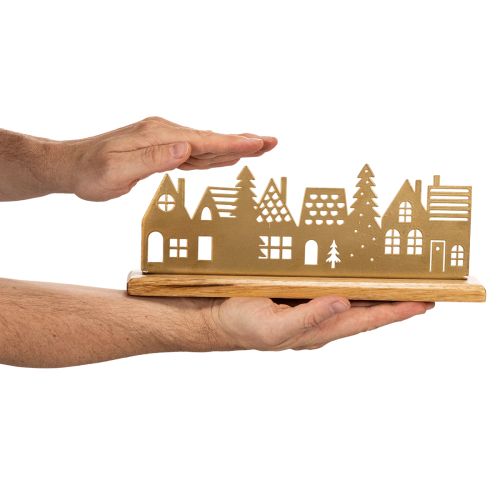 Metal House Silhouette Decoration on Wooden Base 29cm Matte Gold | Floristik24.co.uk