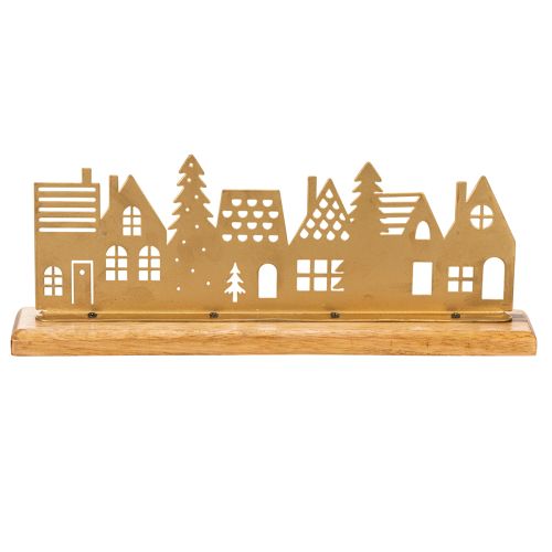 Metal House Silhouette Decoration on Wooden Base 29cm Matte Gold | Floristik24.co.uk