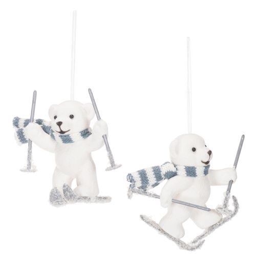 Polar Bear Skiing Hanging Ornaments with Scarf, 10cm, Set of 2, White and Blue-Grey, Indoor Decoration