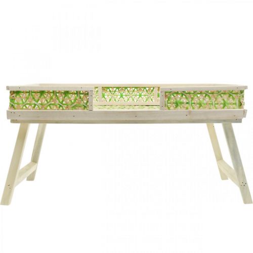 Product Bamboo bed tray, foldable serving tray, wooden tray with wicker pattern in green and natural colors 51.5×37cm