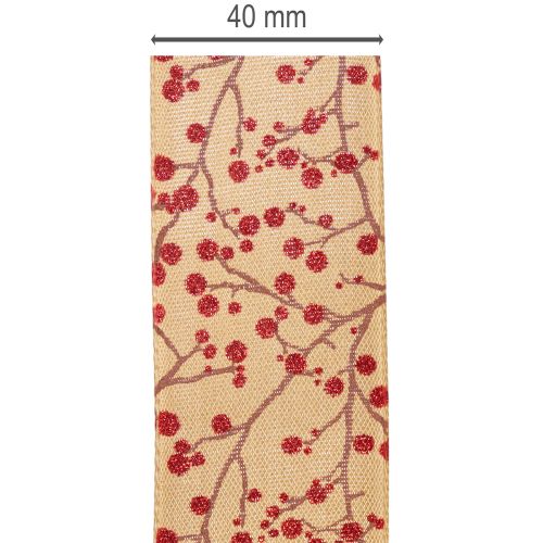 Decorative Fabric Ribbon with Glitter Red Berries 40mm x 15m | Floristik24.co.uk