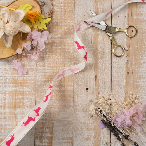 Dachshund Decorative Ribbon 15mm x 18m Polyester Pink on White for Indoor Use | Floristik24.co.uk