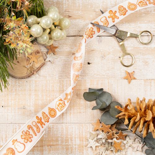 Festive Ribbon with Gingerbread Motifs 25mm x 18m Polyester White and Orange | Floristik24.co.uk