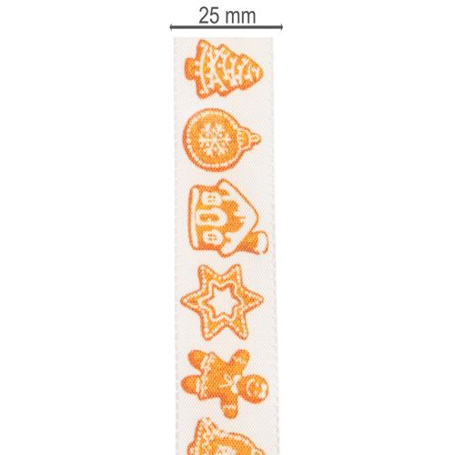 Festive Ribbon with Gingerbread Motifs 25mm x 18m Polyester White and Orange | Floristik24.co.uk