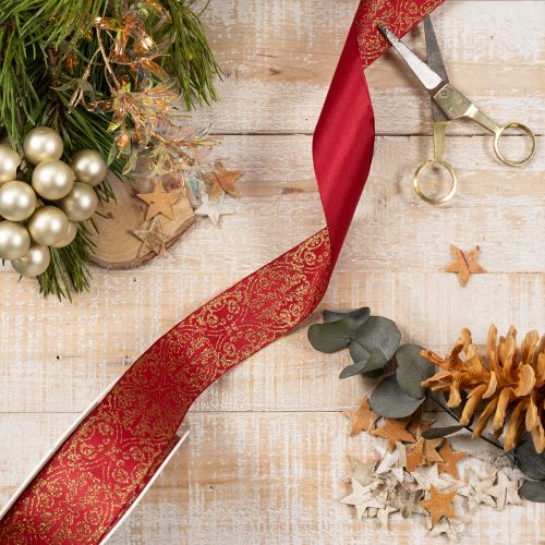 Festive Red and Gold Wired Ribbon 40mm x 15m for Crafting and Decorating | Floristik24.co.uk