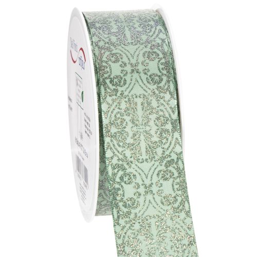 Decorative Ribbon with Classic Pattern, Sage Green with Glitter, 40mm x 15m, Polyester