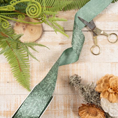 Decorative Ribbon with Classic Pattern, Sage Green with Glitter, 40mm x 15m, Polyester | Floristik24.co.uk