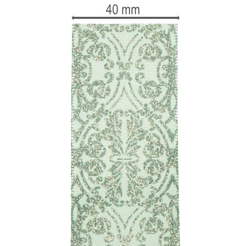 Decorative Ribbon with Classic Pattern, Sage Green with Glitter, 40mm x 15m, Polyester | Floristik24.co.uk