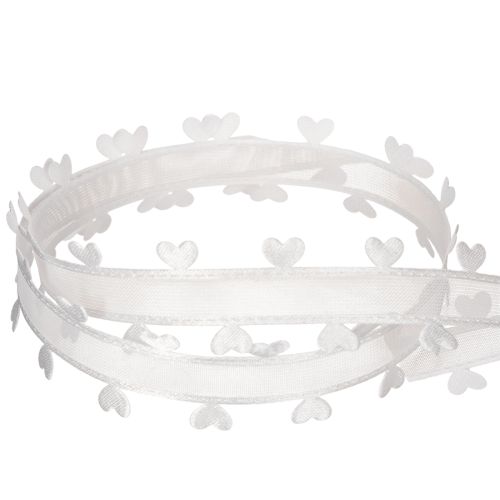 White Decorative Ribbon with Heart Motif, 20mm x 15m, Polyester | Floristik24.co.uk