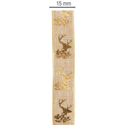Decorative Ribbon Christmas Deer Pattern 15mm x 15m Polyester Brown and Gold | Floristik24.co.uk