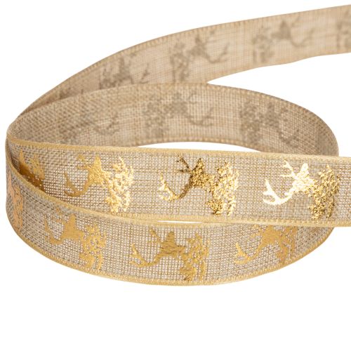 Decorative Ribbon Christmas Deer Pattern 15mm x 15m Polyester Brown and Gold | Floristik24.co.uk