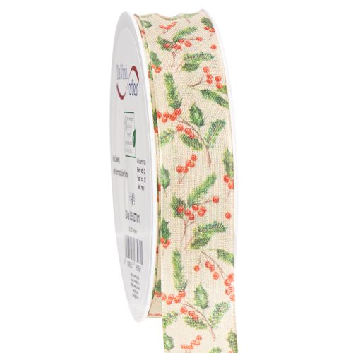 Holly and Berry Decorative Ribbon with Wired Edges 25mm x 18m Beige