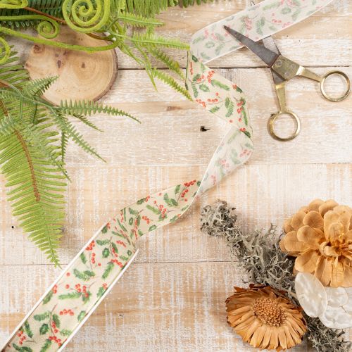 Holly and Berry Decorative Ribbon with Wired Edges 25mm x 18m Beige | Floristik24.co.uk