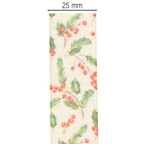 Holly and Berry Decorative Ribbon with Wired Edges 25mm x 18m Beige | Floristik24.co.uk