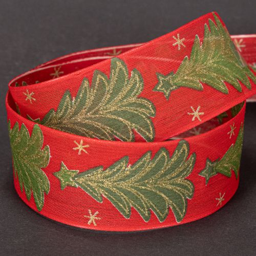 Christmas Ribbon with Tree and Stars Design, 40mm x 15m, Red and Gold | Floristik24.co.uk