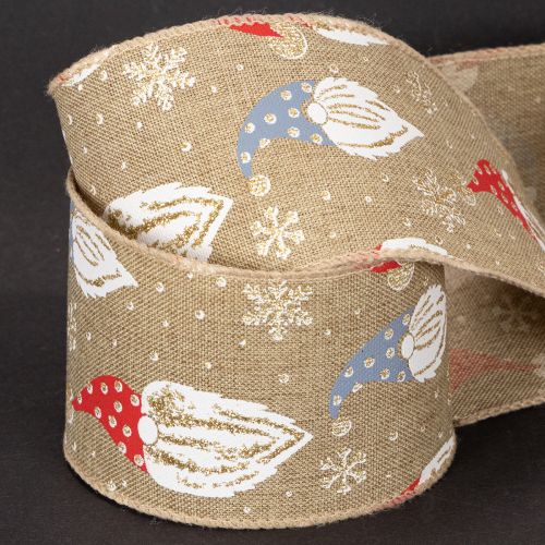 Decorative Ribbon with Christmas Gnomes on Jute-Style Fabric 60mm x 10m | Floristik24.co.uk