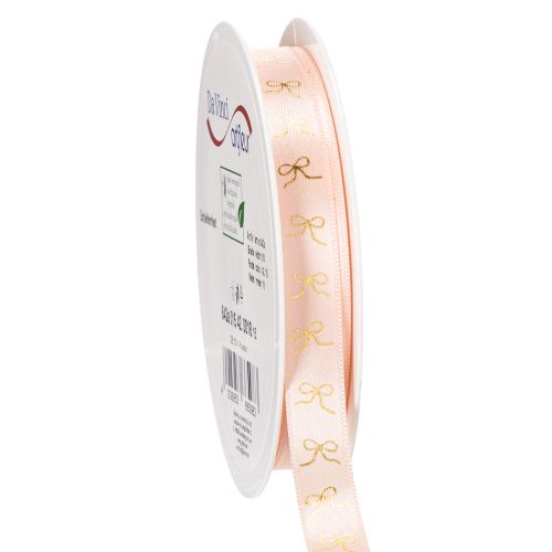 Pink Ribbon with Gold Bow Print 15mm x 18m for Indoor Decoration and Gift Wrapping