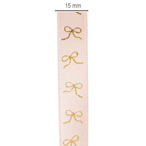 Pink Ribbon with Gold Bow Print 15mm x 18m for Indoor Decoration and Gift Wrapping | Floristik24.co.uk