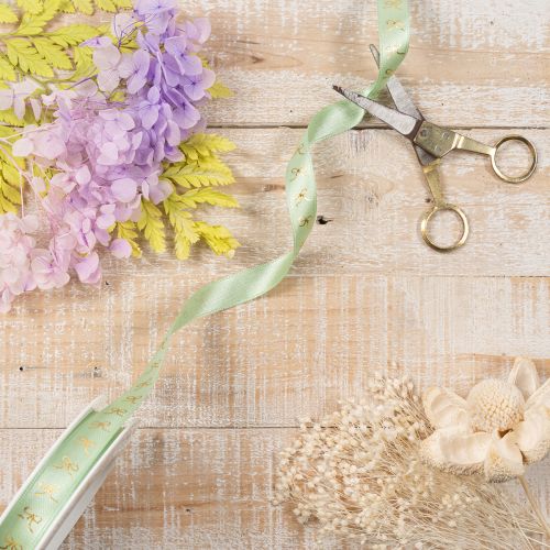 Decorative Mint Green Ribbon with Gold Bow Motif, 15mm x 18m | Floristik24.co.uk