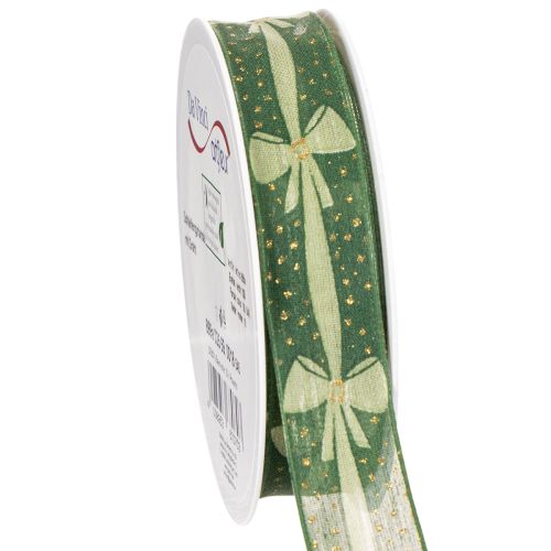 Green Fabric Ribbon with Bow and Gold Dots, 25mm x 18m, for Gift Wrapping and Decorations