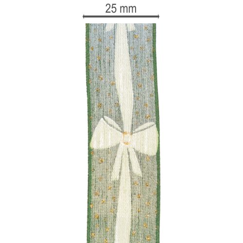 Green Fabric Ribbon with Bow and Gold Dots, 25mm x 18m, for Gift Wrapping and Decorations | Floristik24.co.uk