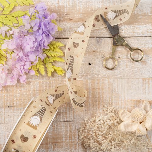Decorative Fabric Ribbon with Gnome and Heart Motifs, Beige, 40mm x 15m | Floristik24.co.uk