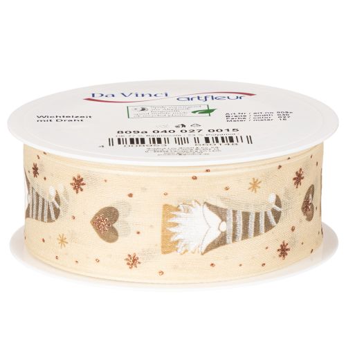Decorative Fabric Ribbon with Gnome and Heart Motifs, Beige, 40mm x 15m | Floristik24.co.uk