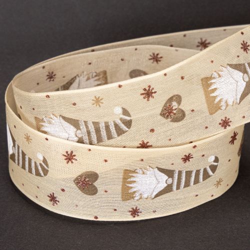 Decorative Fabric Ribbon with Gnome and Heart Motifs, Beige, 40mm x 15m | Floristik24.co.uk