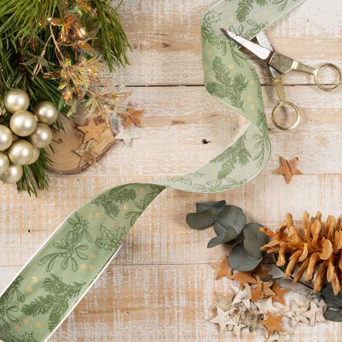 Decorative Ribbon Holly and Mistletoe 40mm x 15m Green Polyester | Floristik24.co.uk