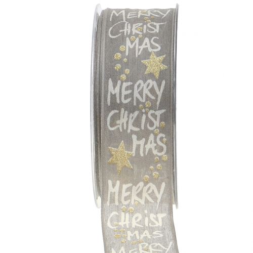 Floristik24 Ribbon &quot;Merry Christmas&quot; gray, gold 40mm 20m