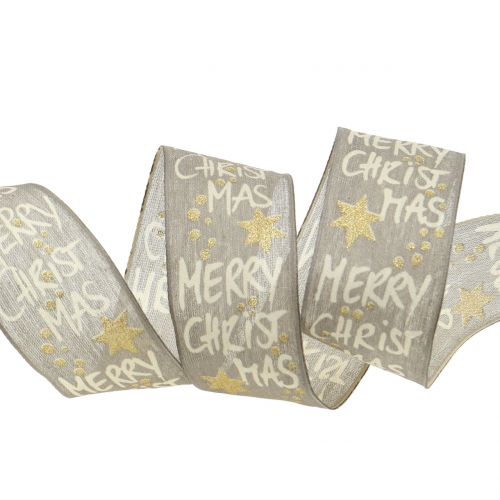 Floristik24 Ribbon "Merry Christmas" gray, gold 40mm 20m