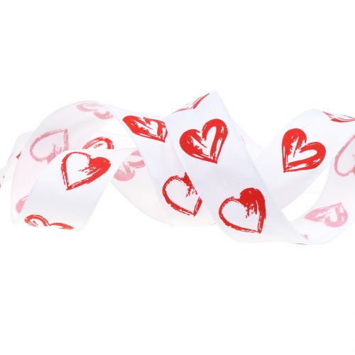 Floristik24 Deco ribbon white with red hearts 25mm 15m