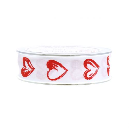 Floristik24 Deco ribbon white with red hearts 25mm 15m