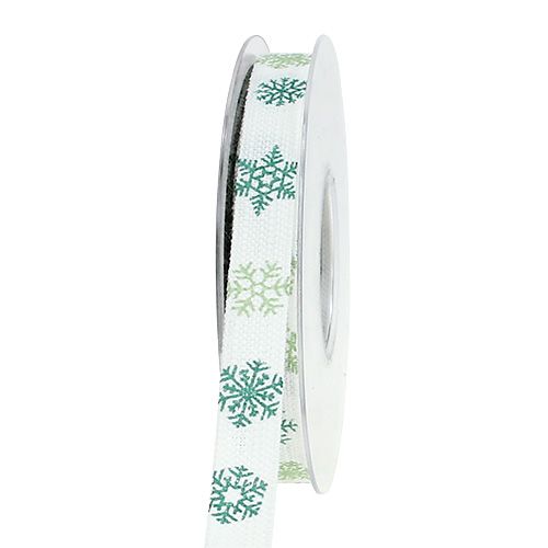 Decorative ribbon with snowflakes white, green 15mm 15m