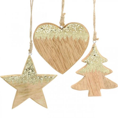 Product Christmas decoration star / heart / tree, wooden pendant, Advent decoration H10/12.5cm 3pcs