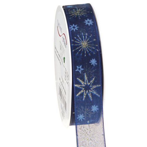 Floristik24 Blue Christmas ribbon with golden stars 25mm 20m