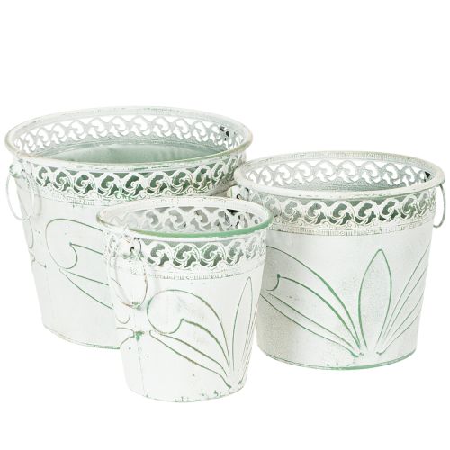 Floristik24 Embossed metal planter with handles, white and green, shabby chic style, H22/19.5/17.5cm, Ø25.5/20.5/15.5cm, set of 3