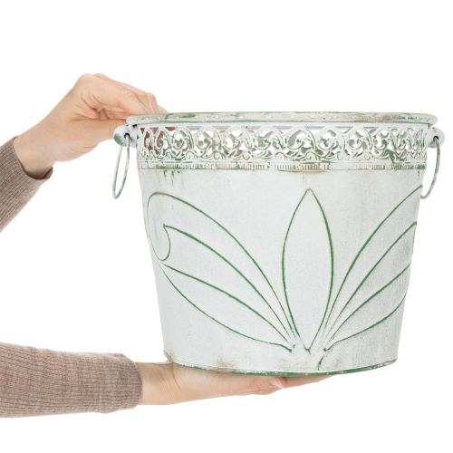Product Embossed metal planter with handles, white and green, shabby chic style, H22/19.5/17.5cm, Ø25.5/20.5/15.5cm, set of 3
