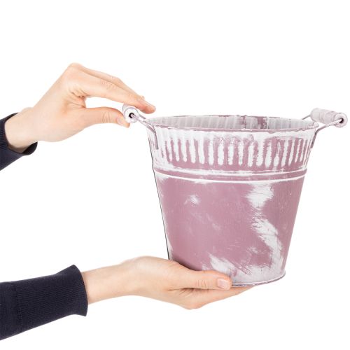 Tin bucket, purple and white washed, Ø19cm H17cm, 1 pc. | Floristik24.co.uk