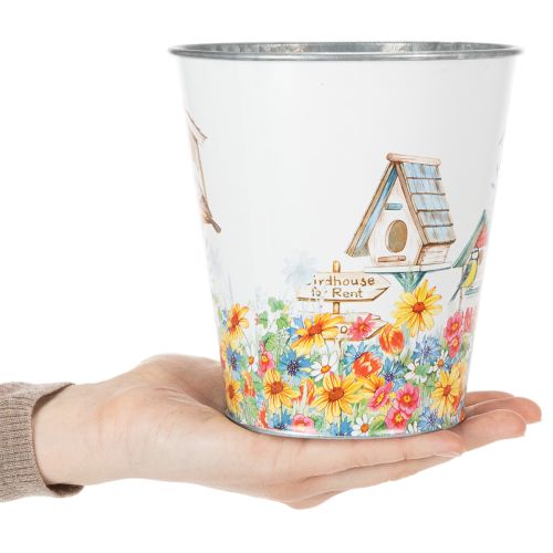 Product Tin pot with birdhouses, summer decoration, planter H14.5cm Ø13.5cm