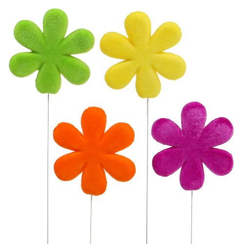 Flower stick blossom colorful flocked Ø8.5cm 8 pcs