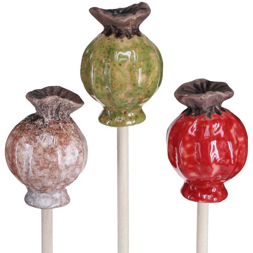 Product Flower Stick Wood Ceramic Poppy Decoration 3 Colors 35cm 6 Pcs
