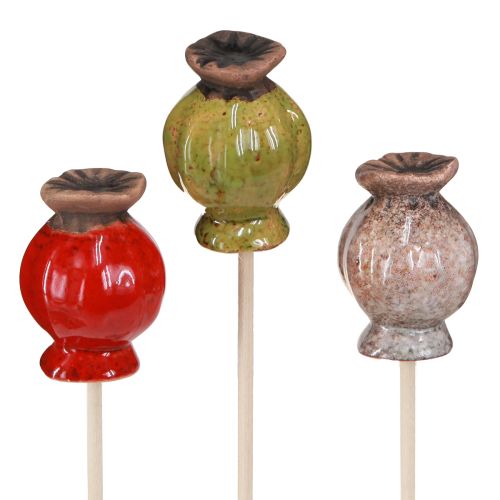 Floristik24 Flower Stick Ceramic Poppy Decoration 3 Colors Ø3.5cm 6 Pcs