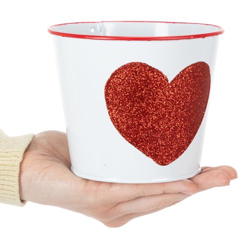 Product White flower pot with red heart, planter, Ø13cm H10.5cm