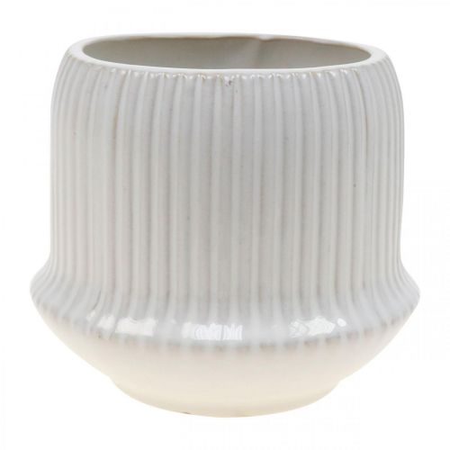 Flower pot ceramic planter with grooves white Ø14.5cm H12.5cm